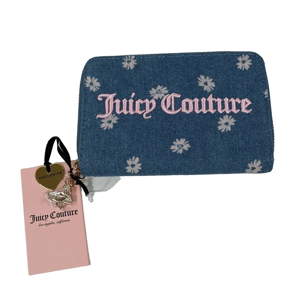 Juicy Couture Denim & Light Pink Daisy For Juicy Essential ZA Bifold Wallet NWT